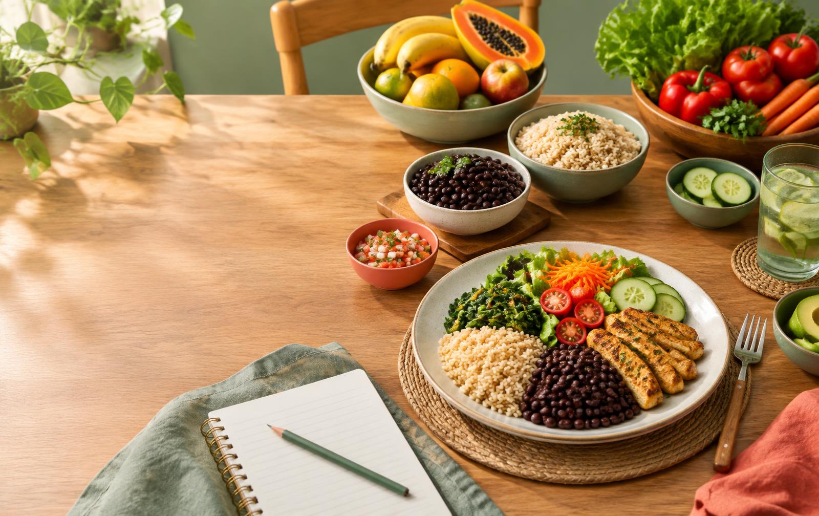 Imagem ilustrativa de uma refeição colorida com alimentos cotidianos