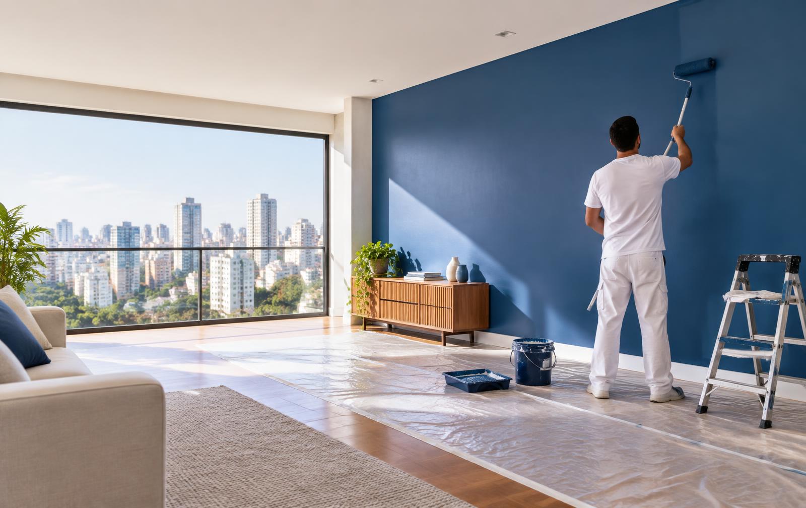 Imagem ilustrativa de um ambiente residencial recebendo pintura azul
